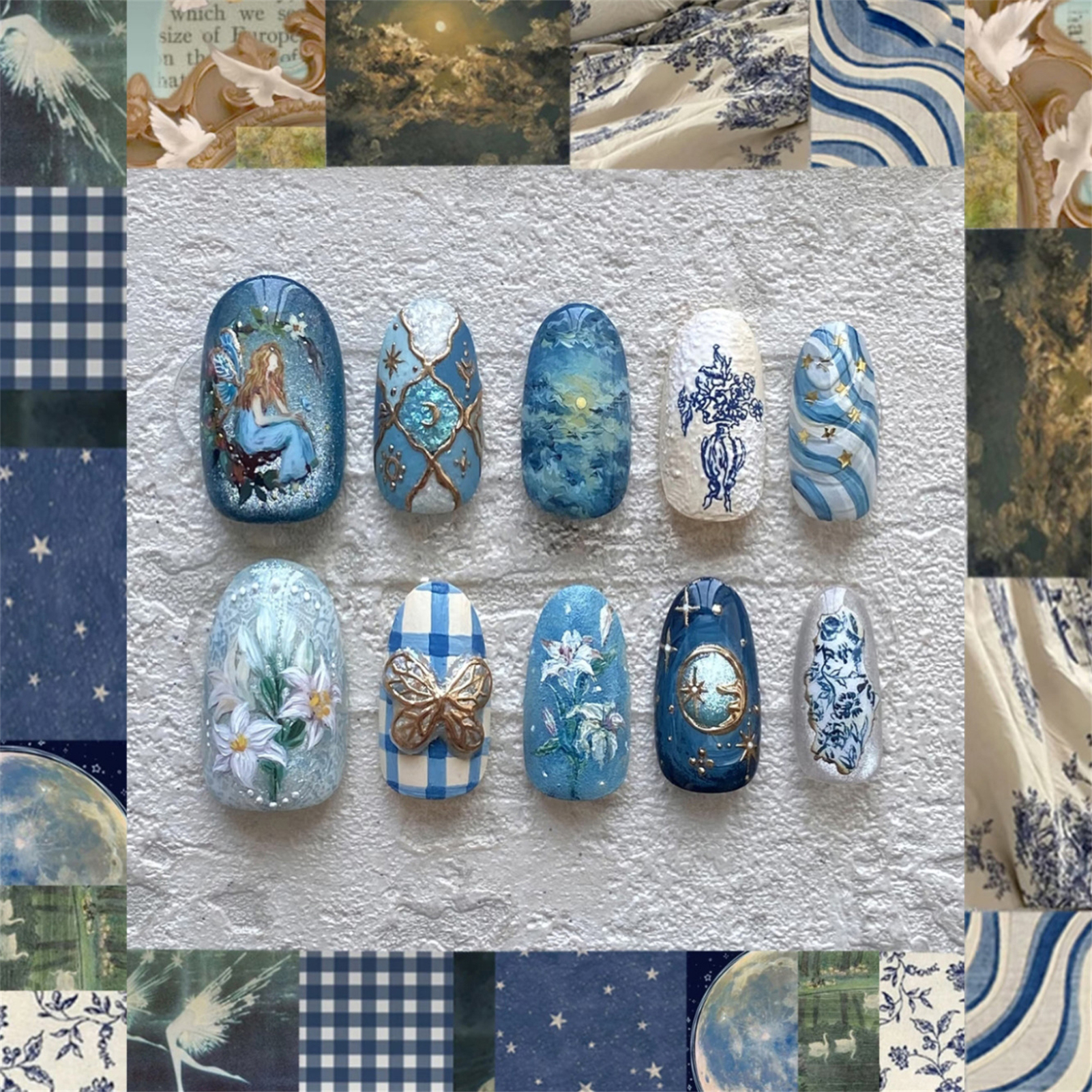 Resin Art Flower - 24pcs Vintage Garden Fake Nails Almond