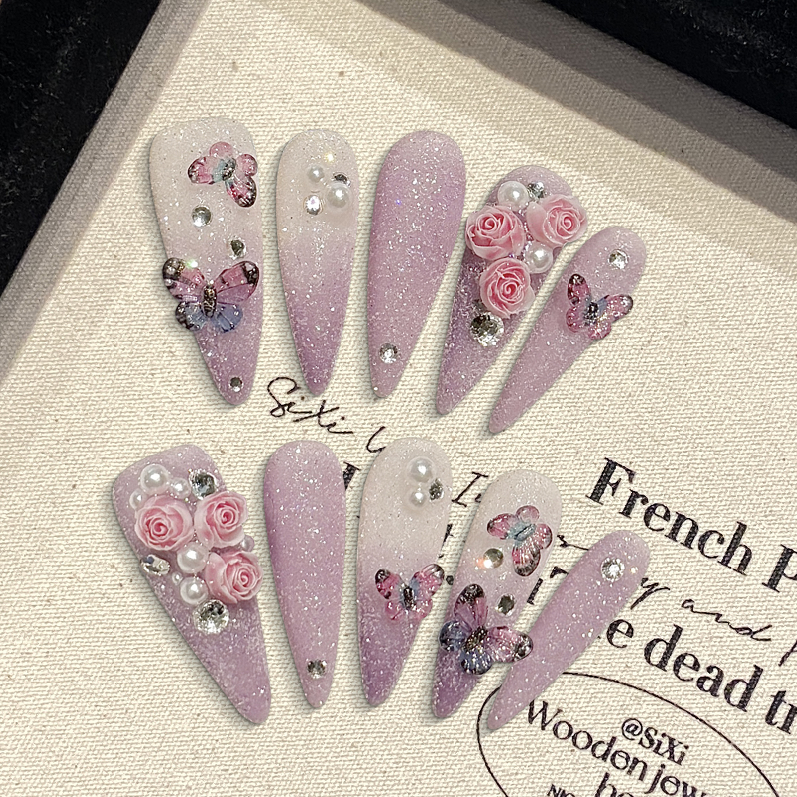 Resin Art Flower - 10pcs Long Stiletto Handmade Fake Nails