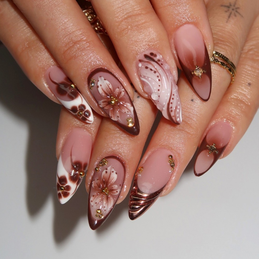 Resin Art Flower - 24Pcs 3D French Press On Nails